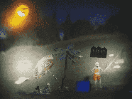 vue de l'écran de la Boîte à Rêves avec les colines du jura transformées en plage